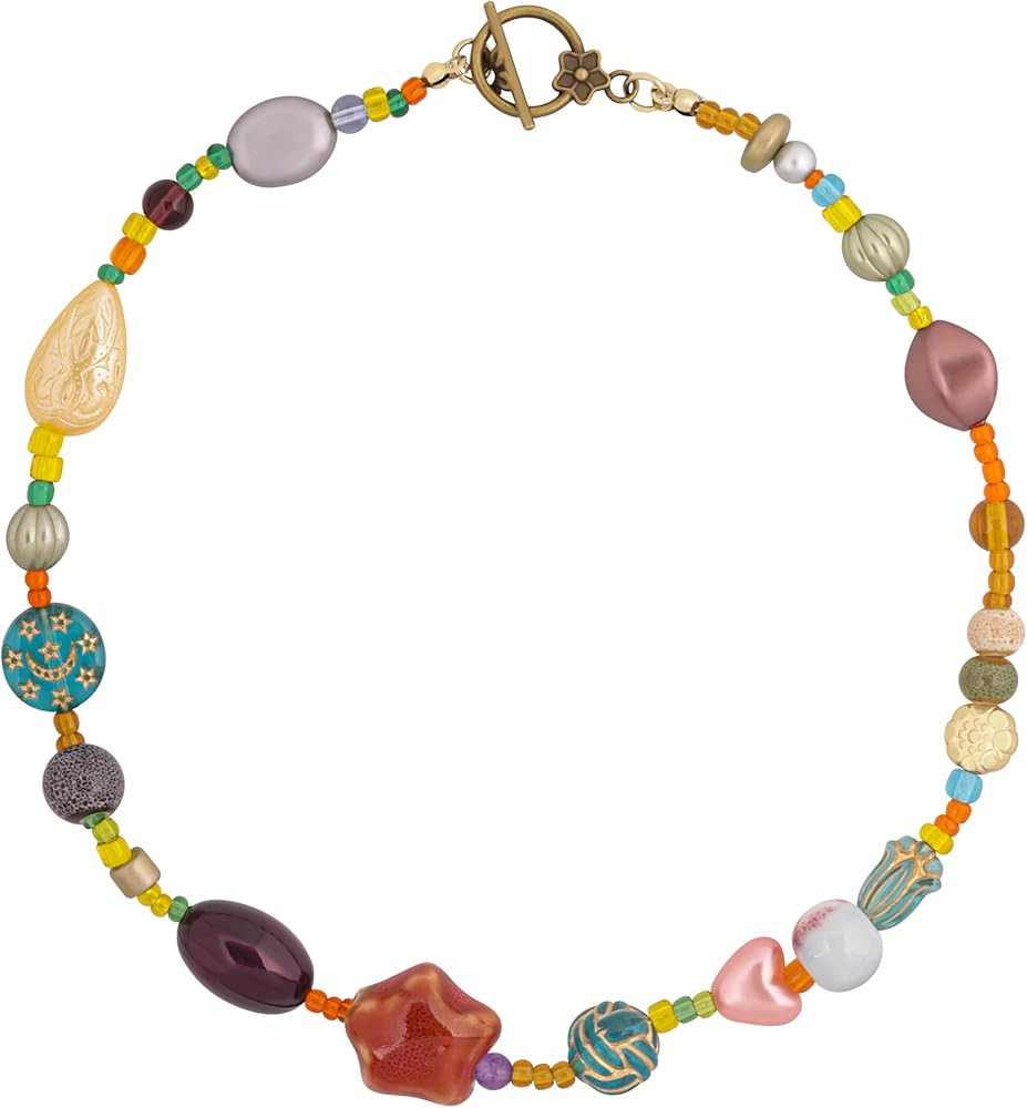 MINACHI Multi Color Beads Necklace, Natural Stone, Pattern Beads, Bohemian Style, Gift Jewelry fo... | Amazon (US)