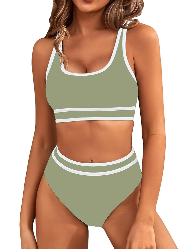 BMJL Women's High Waisted Bikini Sets Sporty Two Piece Swimsuits Color Block Cheeky High Cut Bath... | Amazon (US)