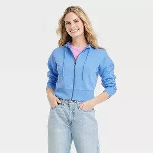 Women's Cropped Hooded Zip-Up Sweatshirt - Universal Thread™ Blue M | Target