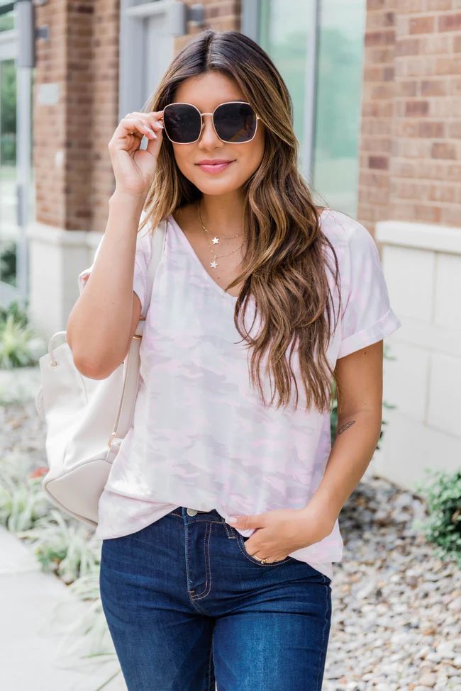 You Look Like A Star Blush Camo Blouse FINAL SALE | The Pink Lily Boutique