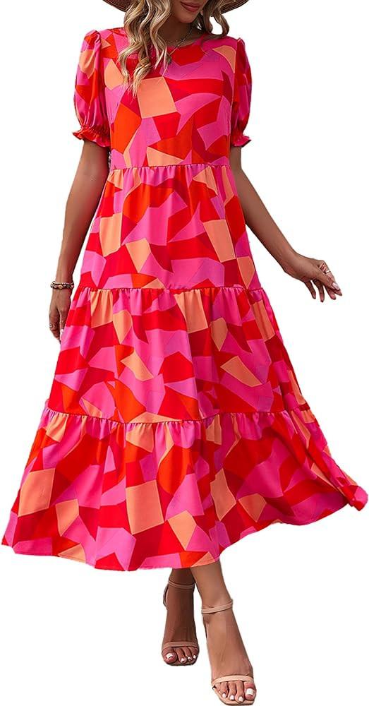 PRETTYGARDEN Women's Summer Casual Boho Dress Floral Print Ruffle Puff Short Sleeve Flowy Midi Be... | Amazon (US)