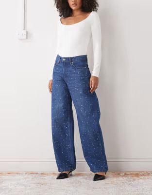 Monki loose fit hotfix embellished jeans in dark denim blue | ASOS (Global)