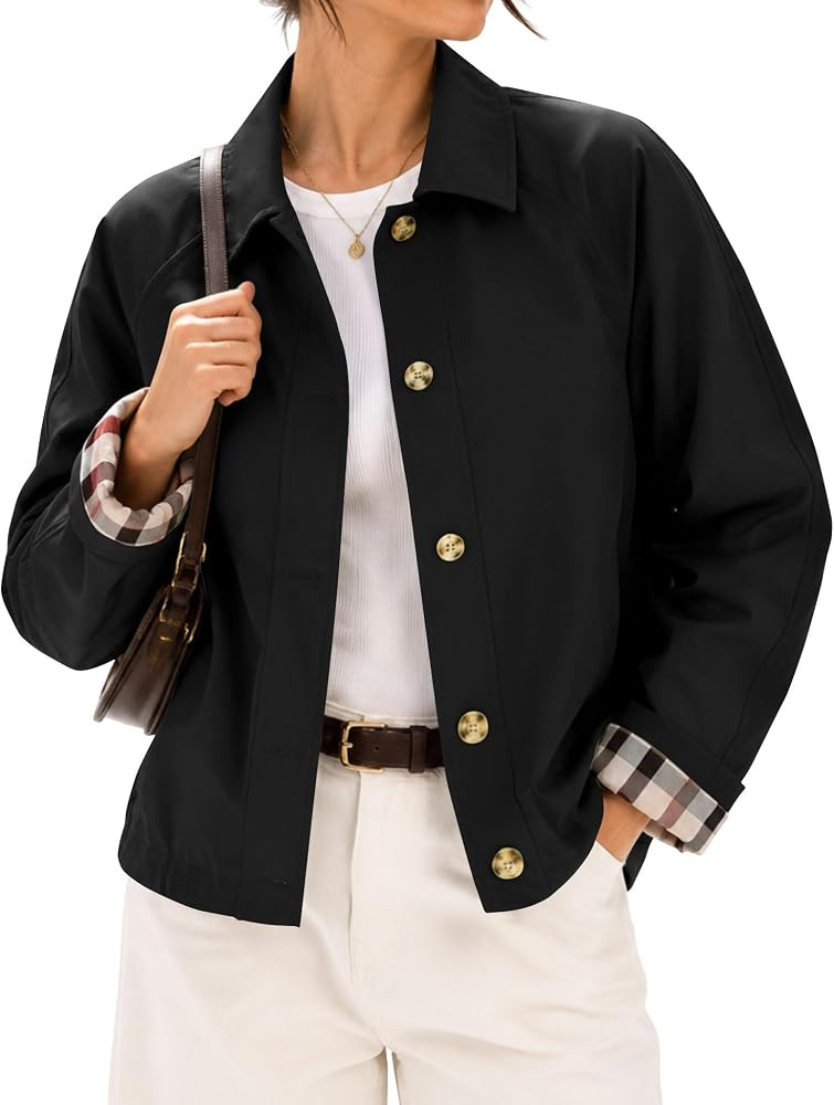 LOMON Womens Short Trench Jacket Plaid Lining Button Front Lightweight Classic Casual Outerwear w... | Amazon (US)