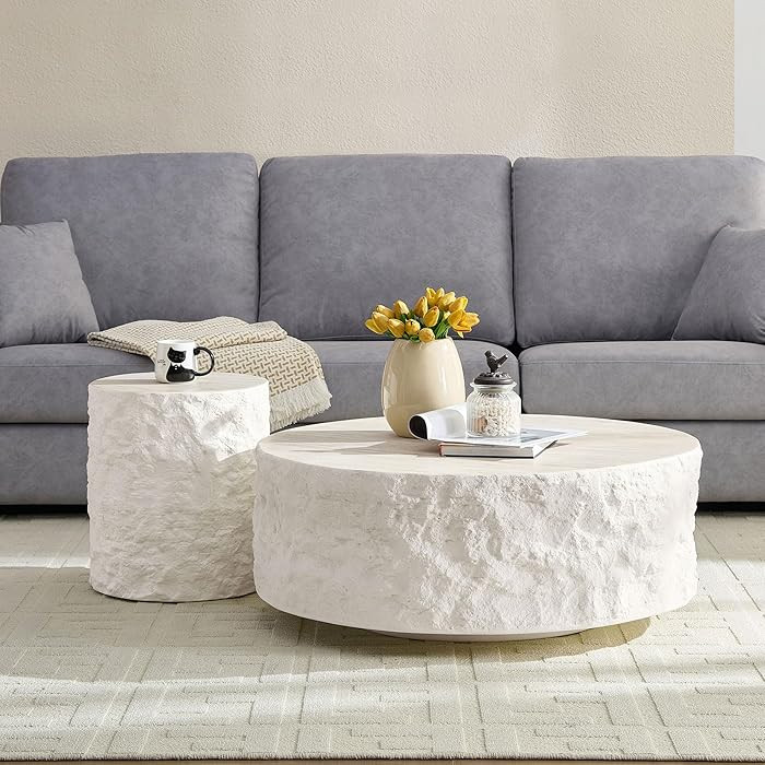 Fiberglass Round Coffee Table Set of Two, Living Room Vintage Design Faux Stone Coffee Table, Sid... | Amazon (US)