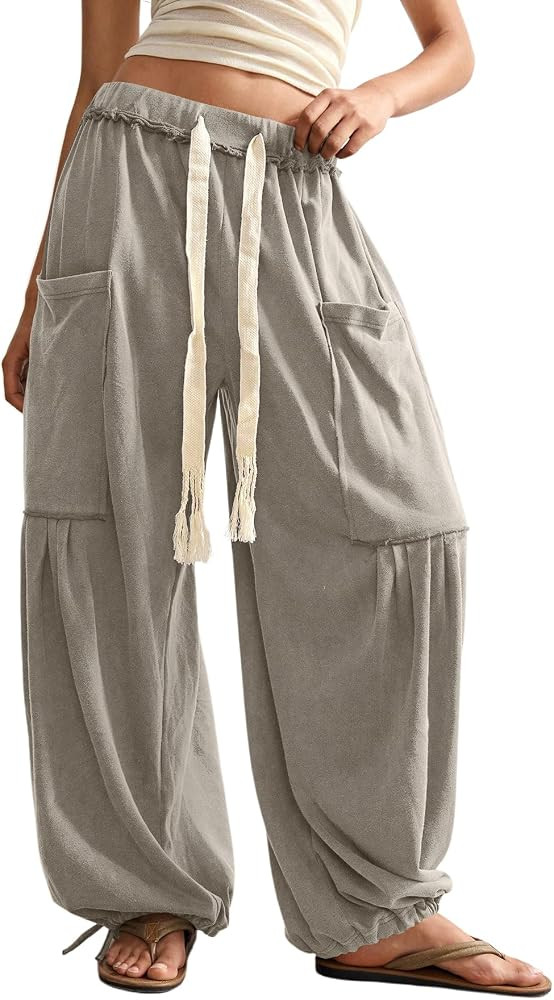RoseSeek Women's Baggy Boho Harem Pants Drawstring Waist Wide Leg Sweatpants Casual Trousers Jogg... | Amazon (US)