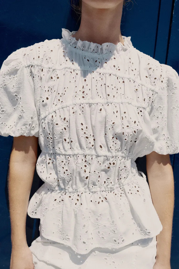 EMBROIDERED EYELET RUCHED TOP | Zara US