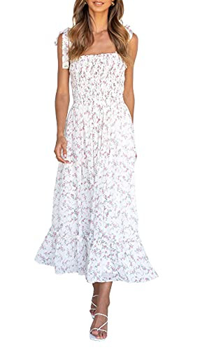 Imily Bela Womens Summer Dress Tie Strap Boho Floral Beach Dress Square Neck Ruffle Sun Dresses A Line Smocked Maxi Dress White | Amazon (US)