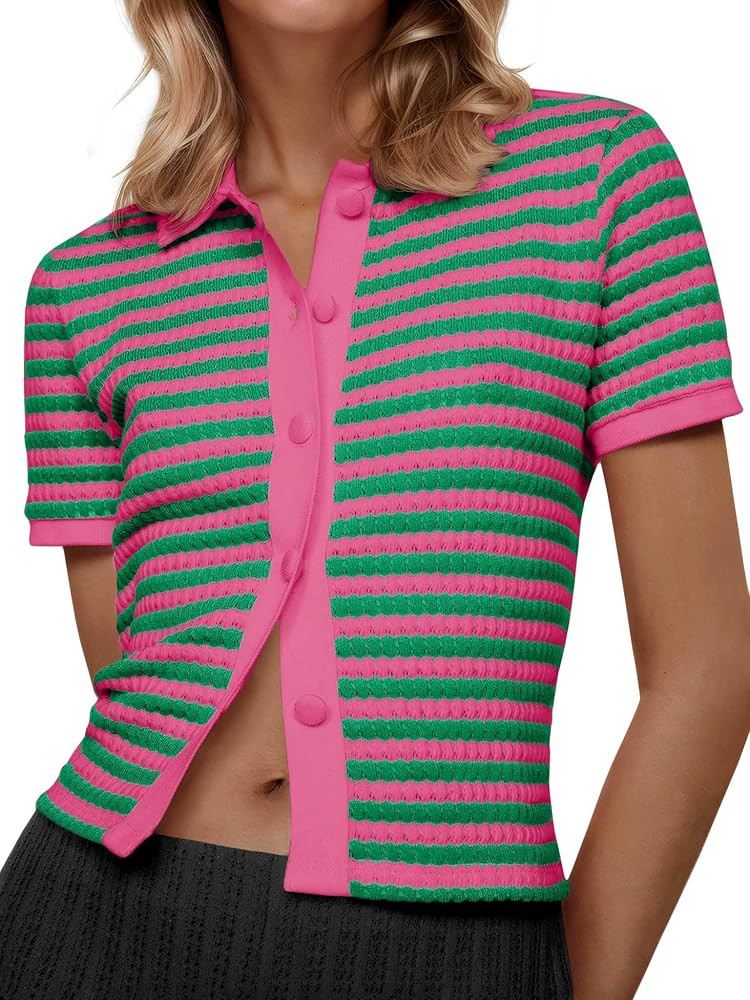 Saodimallsu Womens Striped Short Sleeve Sweater Tops Polo Collared Button Crochet Summer Cropped ... | Amazon (US)