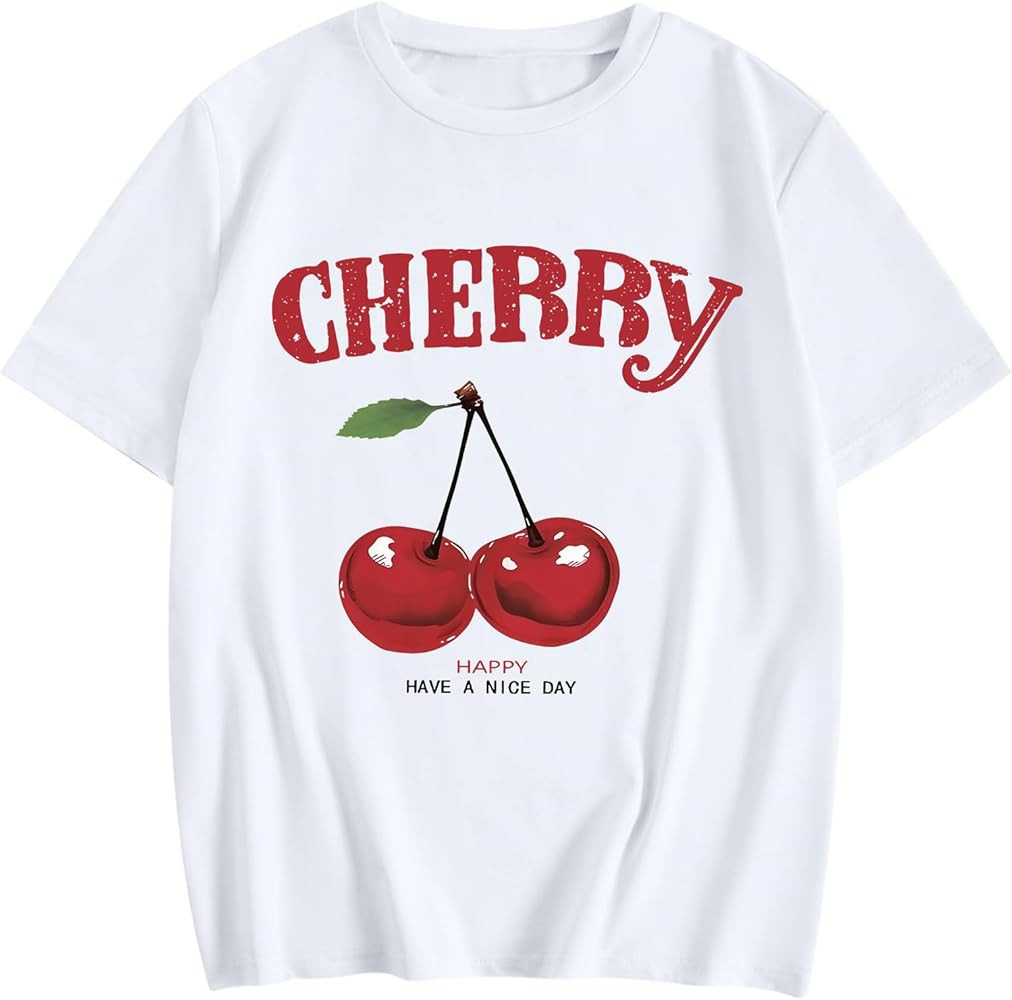 Bobeutou Cherry Shirt Women Fruit Graphic Printed Tshirt Vintage Tees Aesthetic Cute Preppy Cherr... | Amazon (US)