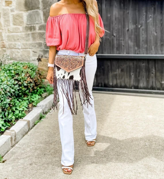 Western Tooled Light Brown Leather Cowhide Fringe Tassel | Etsy | Etsy (US)