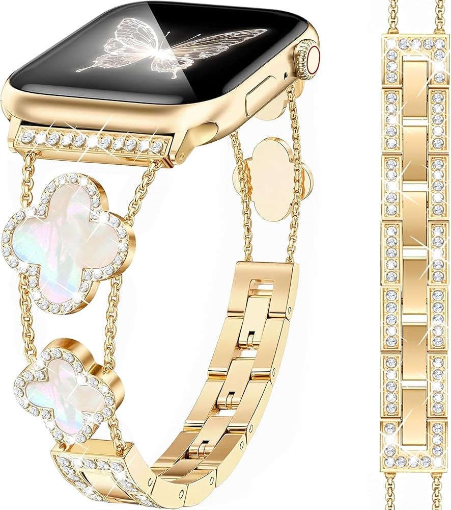 Gold Bling Diamond Clover Bands for Women Compatible with Apple Watch 40mm 38mm 41mm 42mm(S10/11)... | Amazon (US)