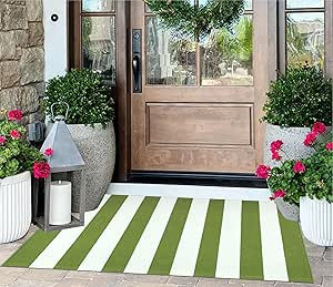 Front Porch Rug 24"x51",Green and White Striped Outdoor Rug Layered Doormat Cotton Woven Washable... | Amazon (US)