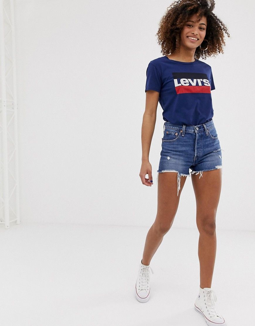 Levi's 501 high rise short with raw hem and rips-Blue | ASOS (Global)