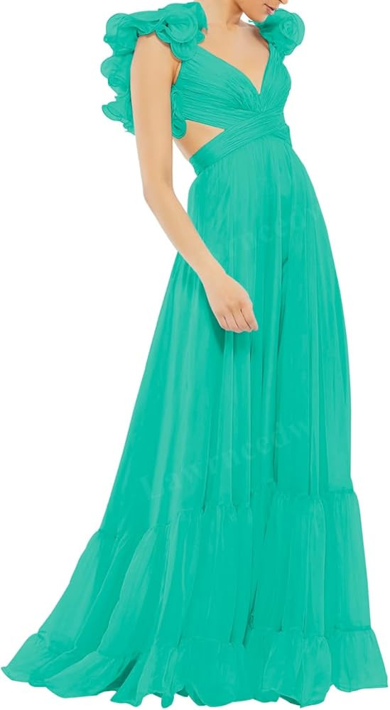 Lawrncedw Chiffon Ruffle Prom Dresses for Women V Neck Long Bridesmaid Dresses Backless Formal Ev... | Amazon (US)