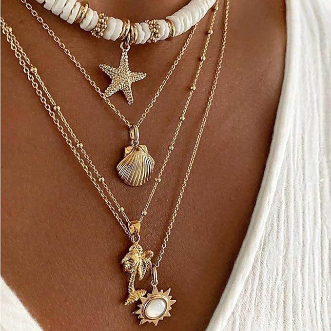Boho Layered Puka Necklaces Gold Starfish Pendant Necklace Summer Beach Necklace Jewelry Accessor... | Amazon (US)