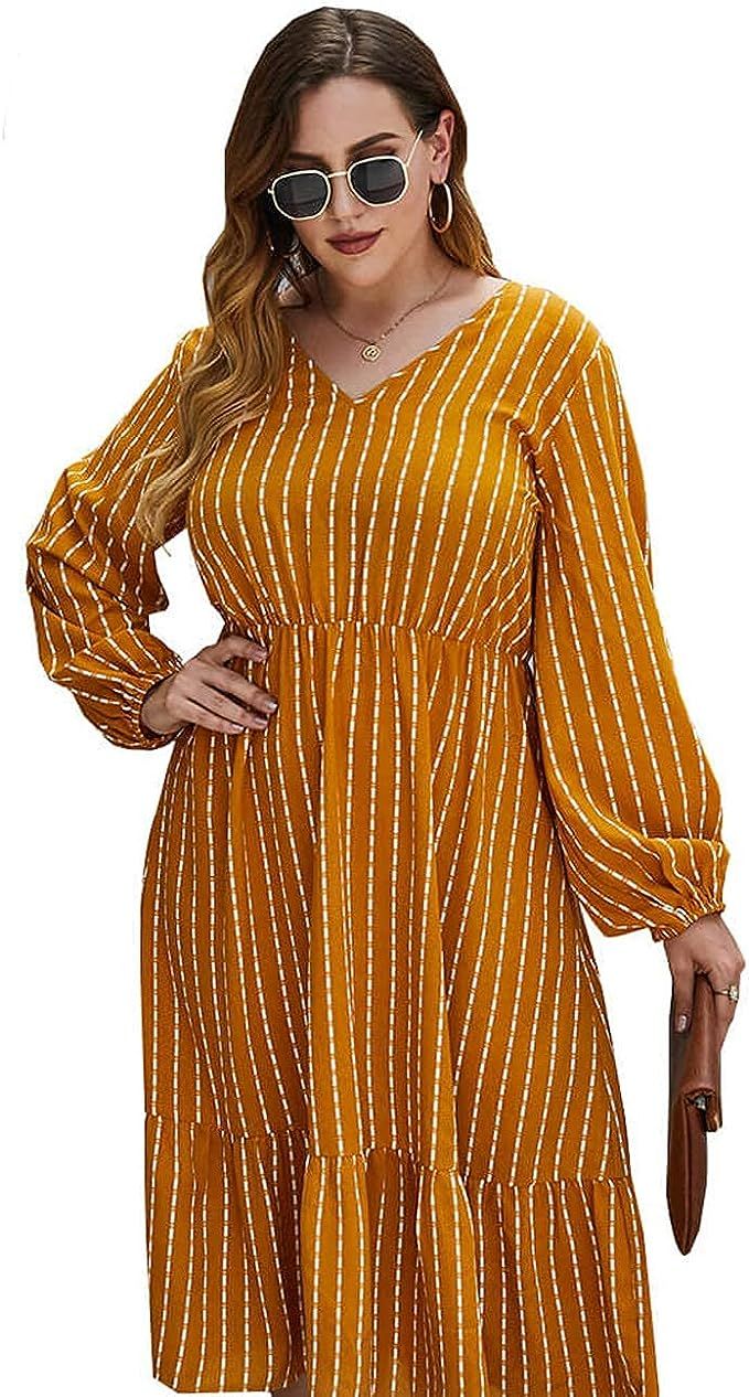 R.PRINCE Womens Plus Size V Neck Midi Dress Long Lantern Sleeve Soft Loose Clothing Spring Summer... | Amazon (US)