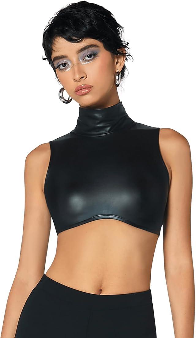 Verdusa Women's Mock Neck Sleeveless Slim Fitted PU Leather Tank Crop Top | Amazon (US)