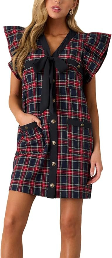 Women Plaid Mini Dresses V Neck Ruffle Sleeve Bow Button Front Shift Dress with Pocket | Amazon (US)