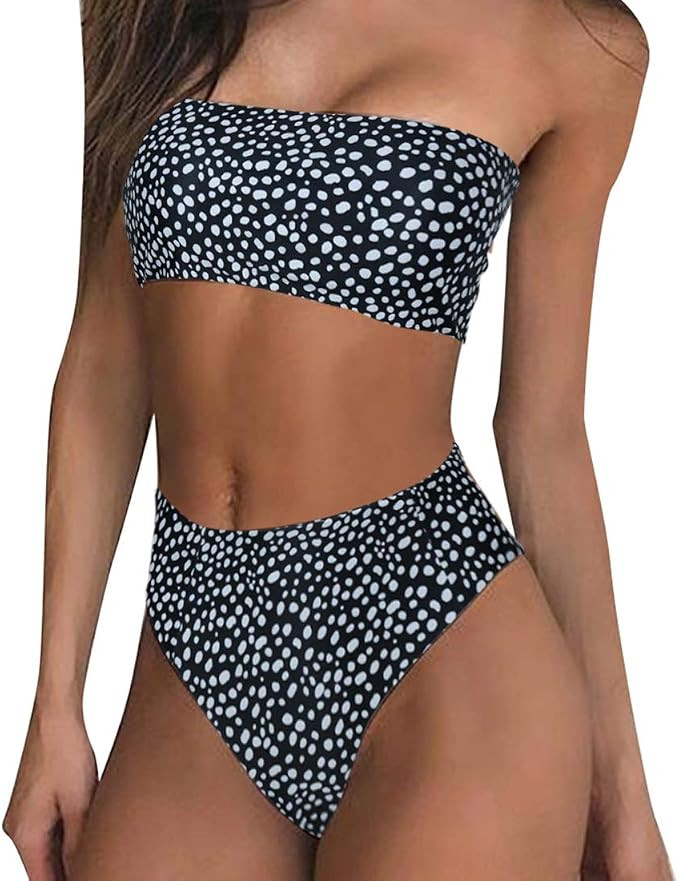 RUUHEE Women High Cut Bandeau Tropical Leaf Printed Strapless Swimsuits Bikini Set | Amazon (US)