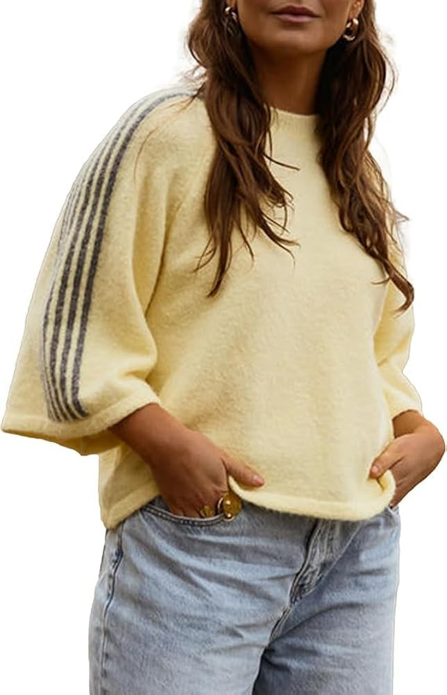 Melliflo Women's 3/4 Length Sleeve Striped Sweater Fall Knit Pullover Tops | Amazon (US)