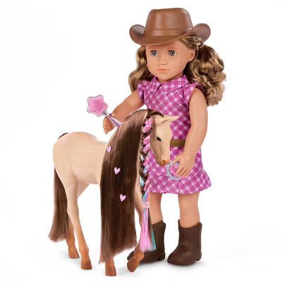 Our Generation Callie with Hair Play Foal 18" Doll & Horse Accessory Set: Plastic & Polyester, Wavy Blonde Hair, Blue Eyes | Target