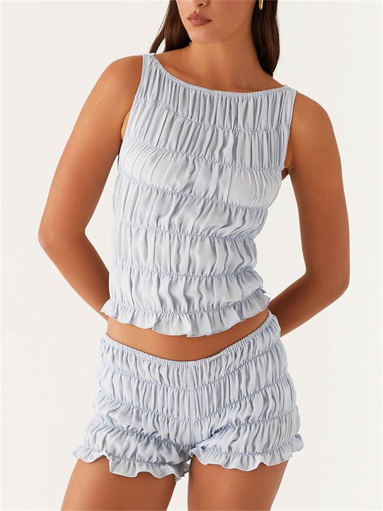 Miqil Women Y2k 2 Piece Smocked Loungwear Cute Sleeveless Tiered Ruched Tank Top Low Rise Shorts Set Fairycore Going Out | Amazon (US)