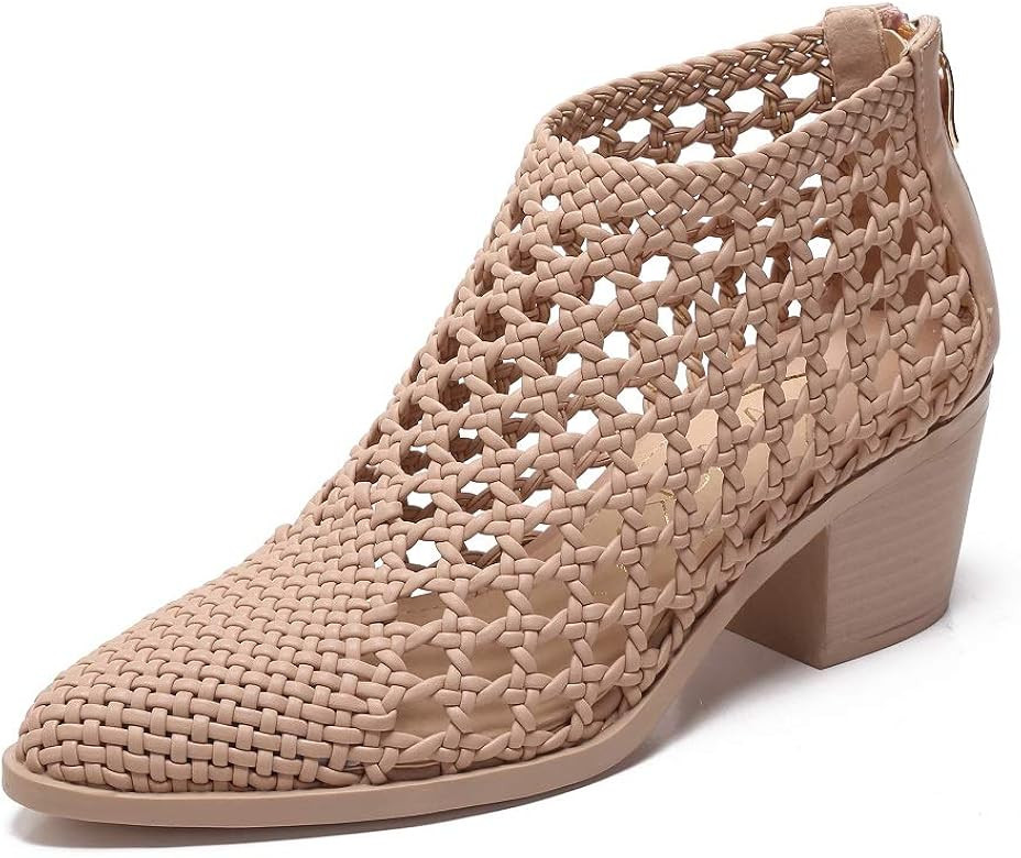 Ankle Boots 381-2 Women's Plait Mesh Ankle Boots Pointed Toe Chunky Block Low Heel Boots Office C... | Amazon (US)