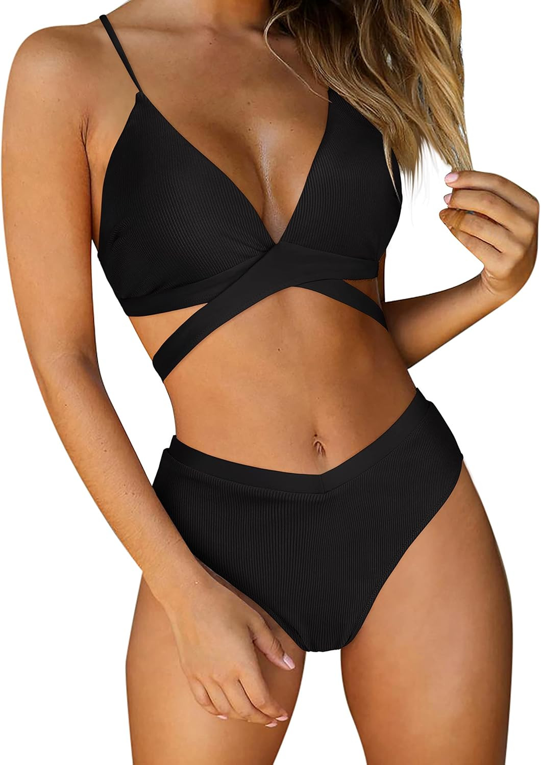 RUUHEE Women Bikini Set Criss Cross String Ribbed V Neck Push Up Top High Waist Bottom Sexy Swims... | Amazon (US)
