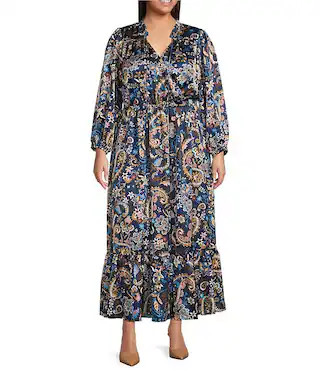 Plus Size Floral Print V-Neck Long Sleeve Satin Tired Ruffle Maxi Dress | Dillard's