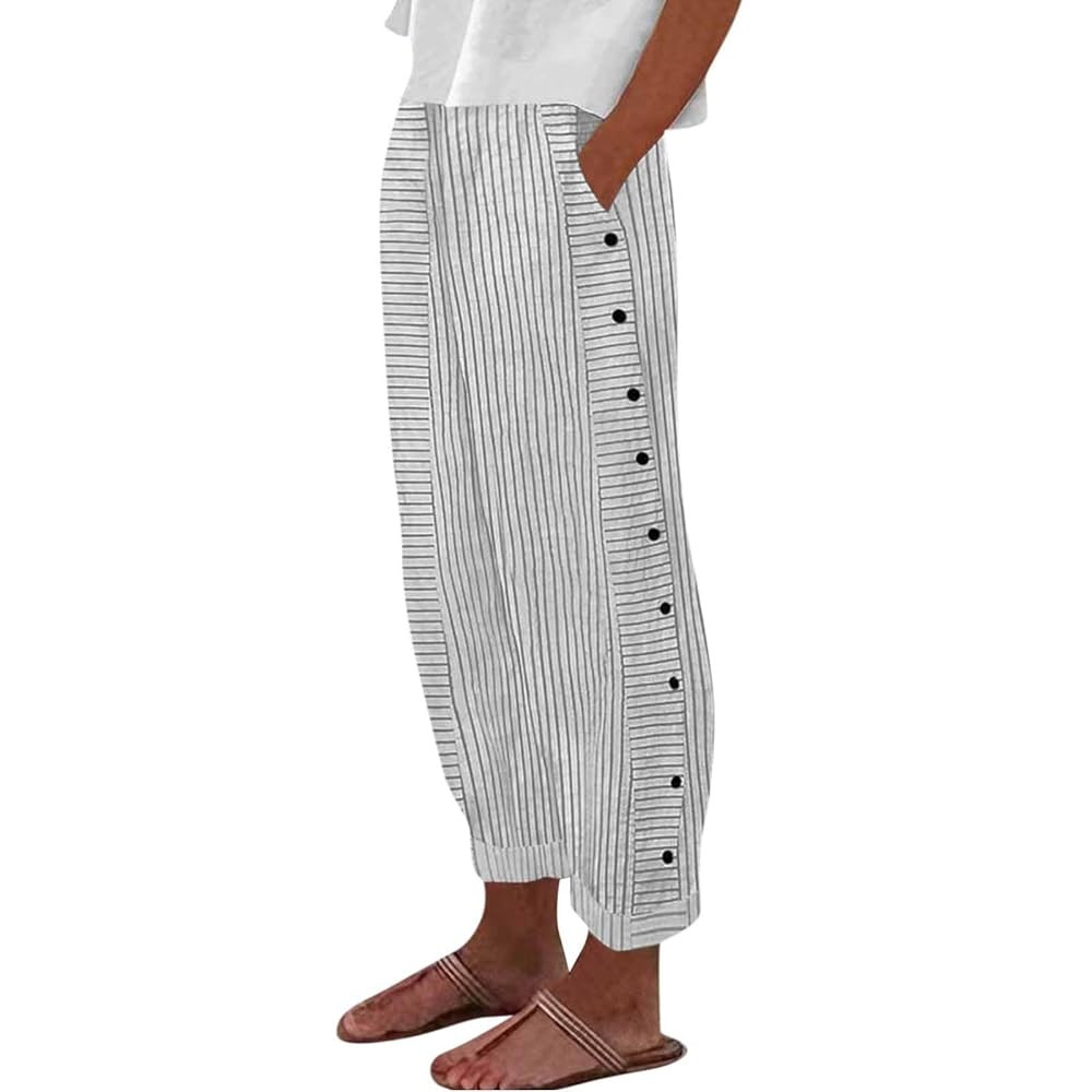 Cropped Linen Pants for Women Casual Straight Leg Elastic Waist Pants Stripe Print Beach Summer P... | Amazon (US)