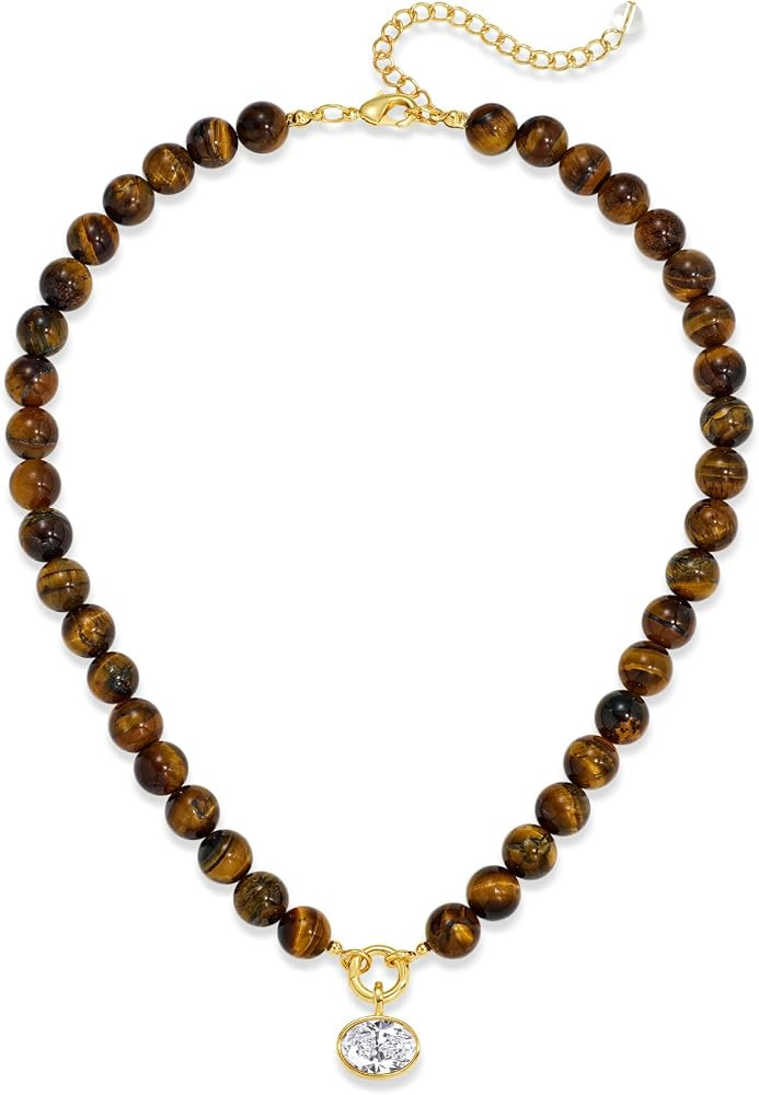 Natural Stone Beaded Necklace for Women 10mm Round Bead Choker with Detachable Crystal Pendant Ad... | Amazon (US)