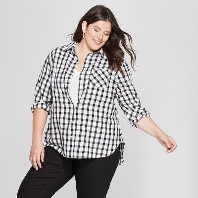 Women's Plus Size Long Sleeve Plaid No Gap Button-Down Shirt - Ava & Viv™ Black/White | Target