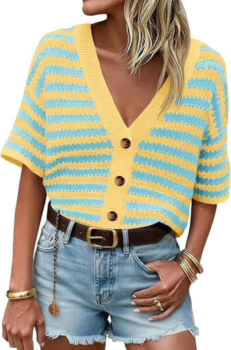 Saodimallsu Womens Striped Short Sleeve Cardigan Button Up Crochet Sweater | Amazon (US)