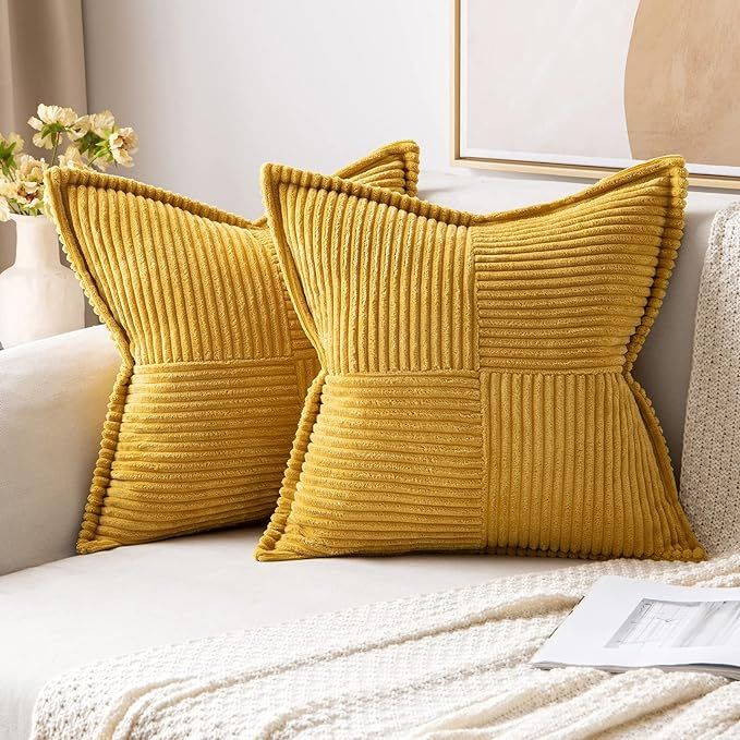 MIULEE Mustard Yellow Pillow Covers 18x18 Inch with Splicing Set of 2 Super Soft Boho Striped Cor... | Amazon (US)