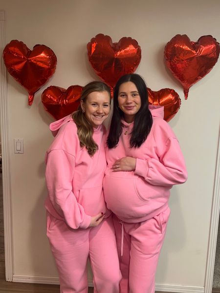 Galentine’s Girl’s Night!!! Matching sweat sets and both with our bumps :’) We are wearing size Medium! It is so cozy and such a good deal!! 