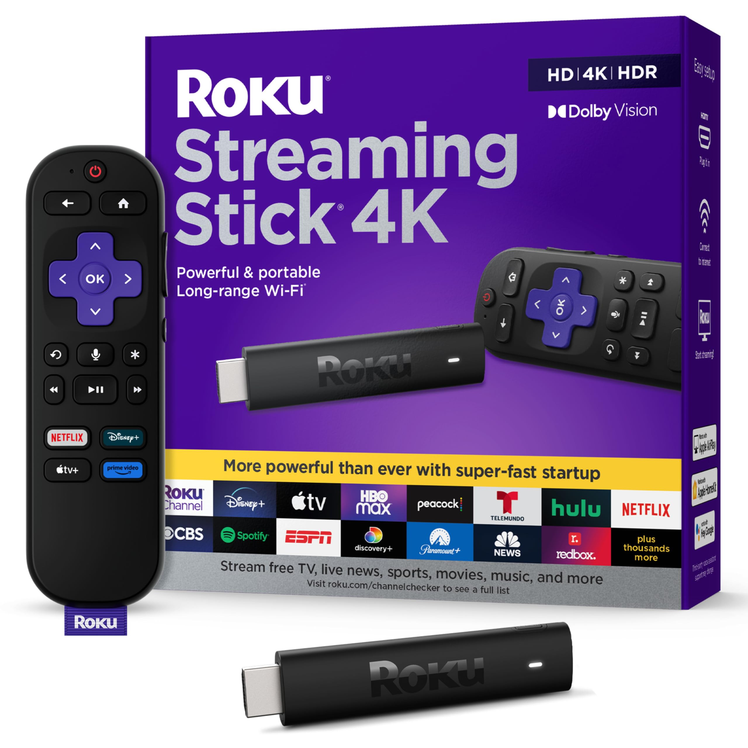 Roku Streaming Stick 4K - HDR & Dolby Vision Roku Streaming Device for TV with Voice Remote & Lon... | Amazon (US)