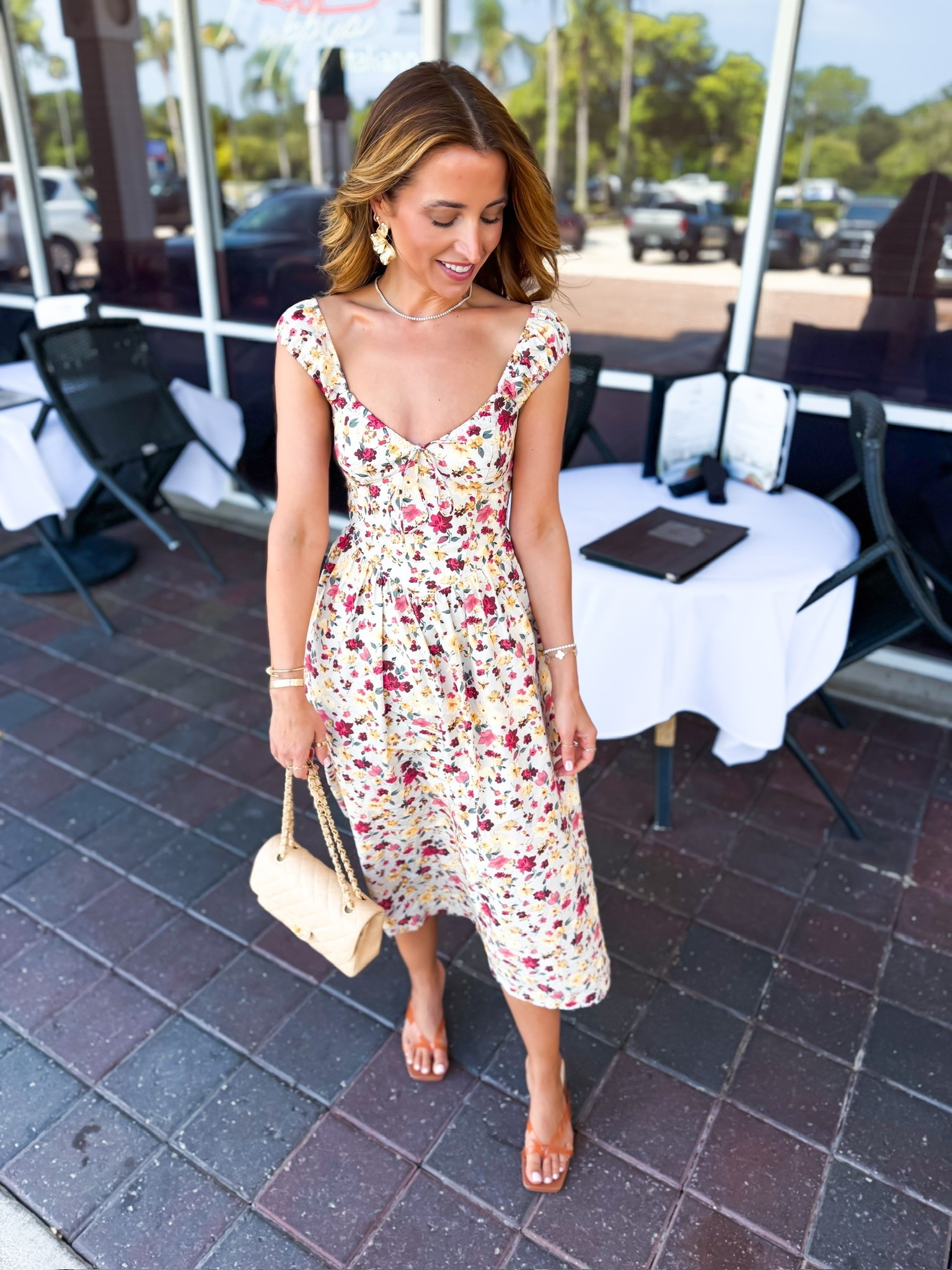 My dinner outfit tonight. Bra-free floral midi dress in XXS petite. Summer dress. Vacation dress. Vacation outfit. Summer outfit. Baby shower outfit. Wedding shower dress. Heels are TTS.

#LTKootd #LTKTravel #LTKWedding