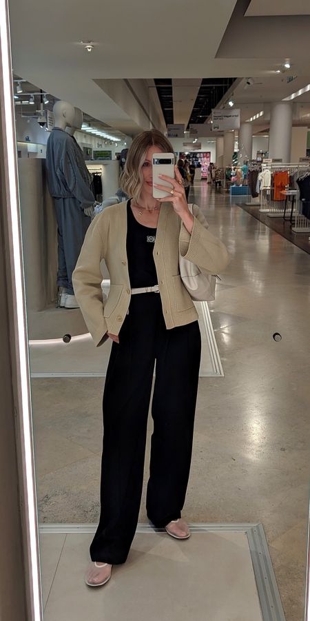 Shopping outfit 🛍️ Loewe tank topArket cardigan Khaite dupe now back in stock!Sezane beltReona trousers (similar linked)Mango white mesh ballet flats 

#LTKshoecrush #LTKSeasonal #LTKU