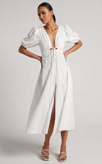 Marsha Midi Dress - Ring Detail Tie Back Puff Sleeve Dress in White | Showpo (US, UK & Europe)