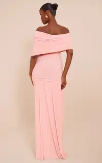 Blush Double Layer Slinky Bardot One Shoulder Ruched Maxi Dress | PrettyLittleThing UK