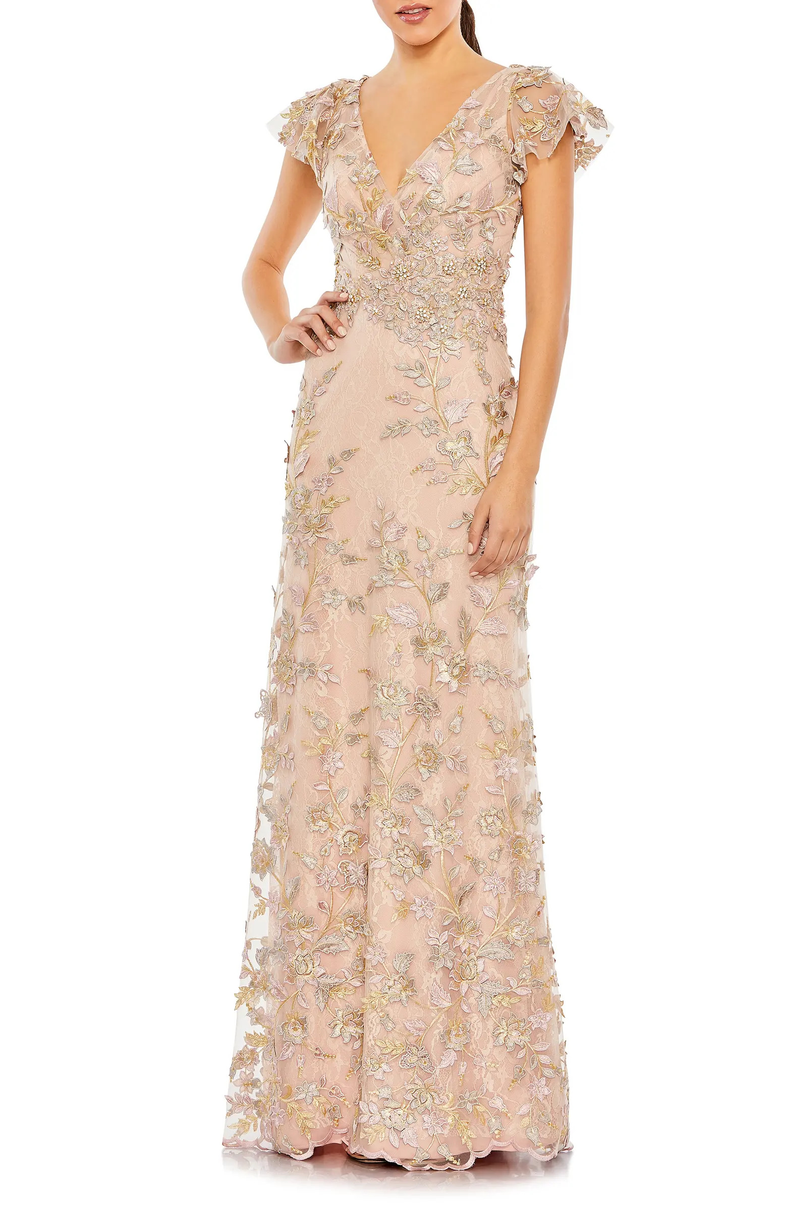 Mac Duggal Embroidered Floral Appliqué Flutter Sleeve Gown | Nordstrom | Nordstrom