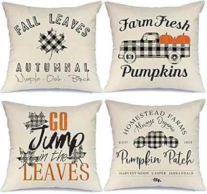 AENEY Fall Pillow Covers 18x18 inch Set of 4 Pumpkin Truck Leaves Farmhouse Black and White Buaff... | Amazon (US)