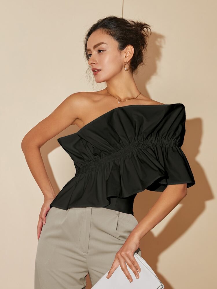 One Shoulder Ruched Ruffle Trim Blouse
       
              
              $15.49        
    (1... | SHEIN