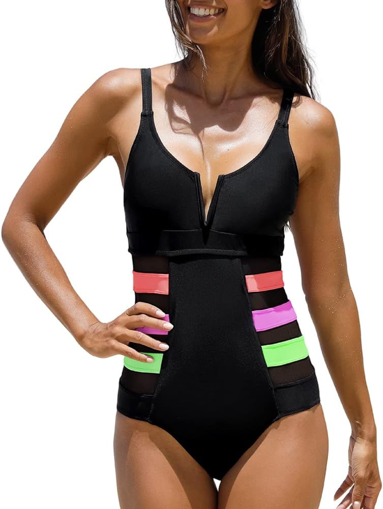popvil One Piece Bathing Suit for Women Color Block V Wire Swimsuit with Mesh Waist Tummy Control... | Amazon (US)