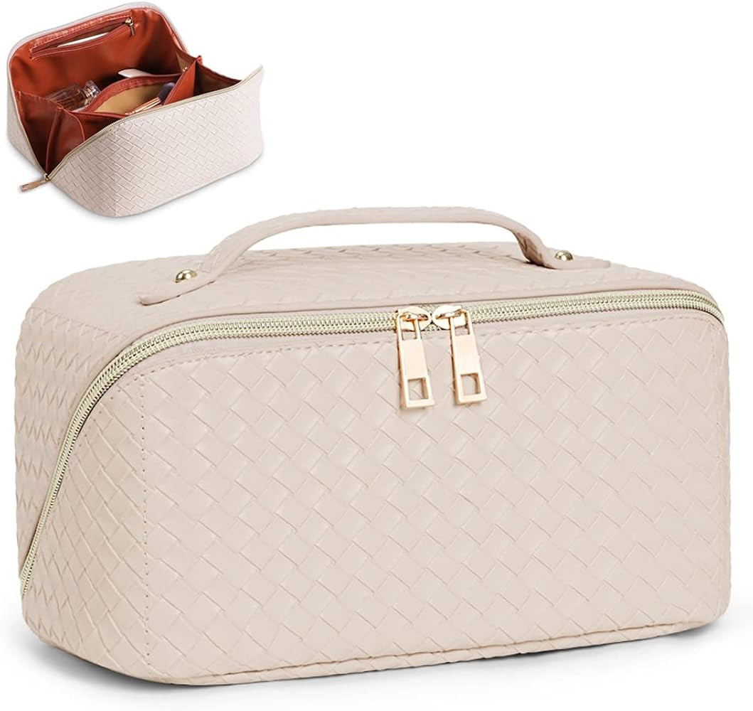 Cessfle Large Capacity Travel Cosmetic Bag,Travel Makeup Bag, Boho Woven Makeup Bag Quilted Open ... | Amazon (US)