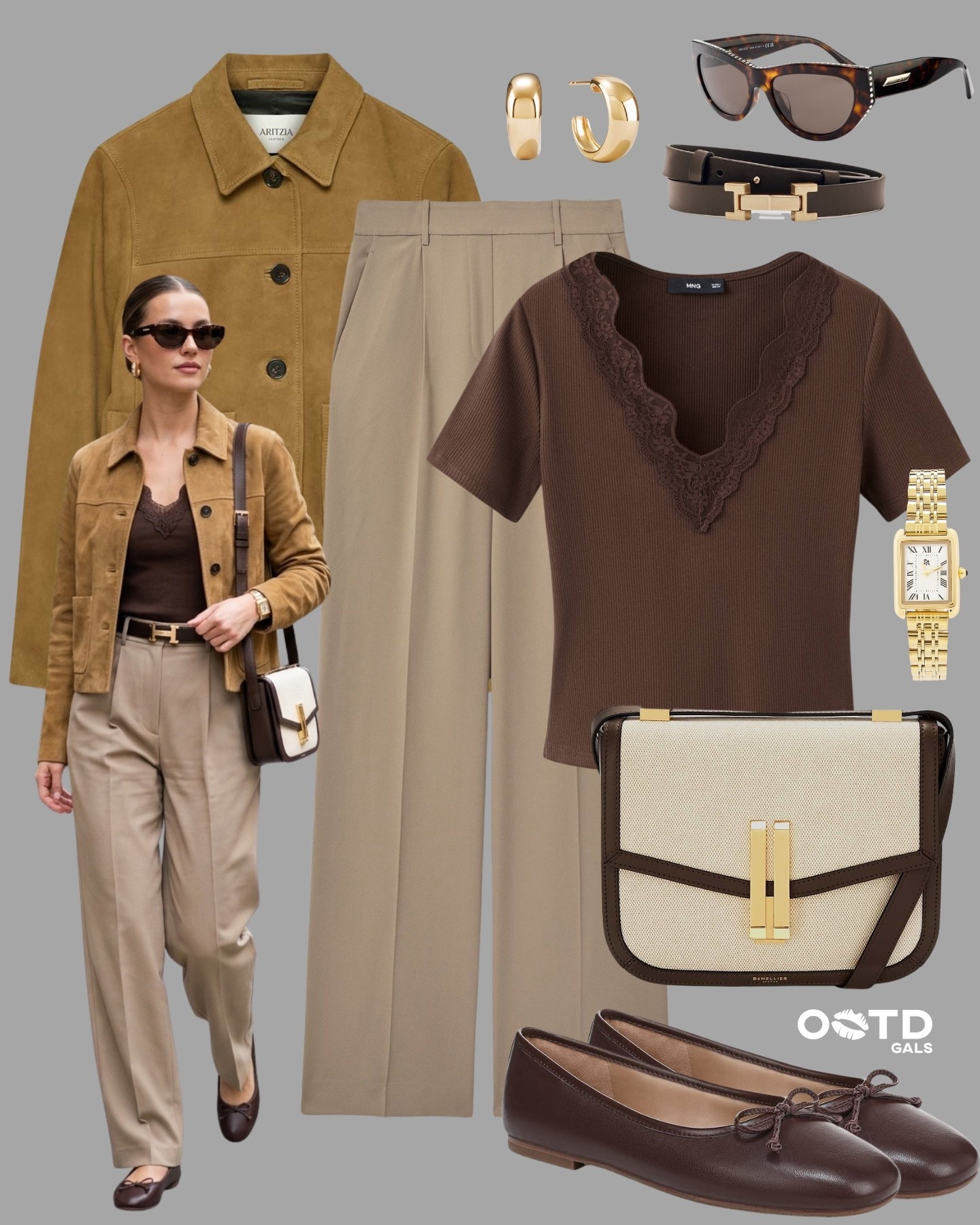 Soft tailoring, rich neutrals 🤎✨

Warm caramel tones meet chocolate details for a look that feels effortless, refined, and quietly luxe.

Understated, but never boring.

✨ Style Details:
• Suede caramel jacket for a textured, elevated layer  
• Chocolate lace-trim top for a feminine touch  
• Tailored beige trousers for a clean, polished base  
• Brown ballet flats for an easy, chic finish  
• Two-tone structured bag for contrast and interest  
• Gold watch & hoops to keep it classic  
• Tortoiseshell sunglasses for that final touch  

Neutral tones, elevated with texture and detail ✨

#LTKStyle #NeutralOutfits #QuietLuxury

#LTKgrwm #LTKootd #LTKSeasonal