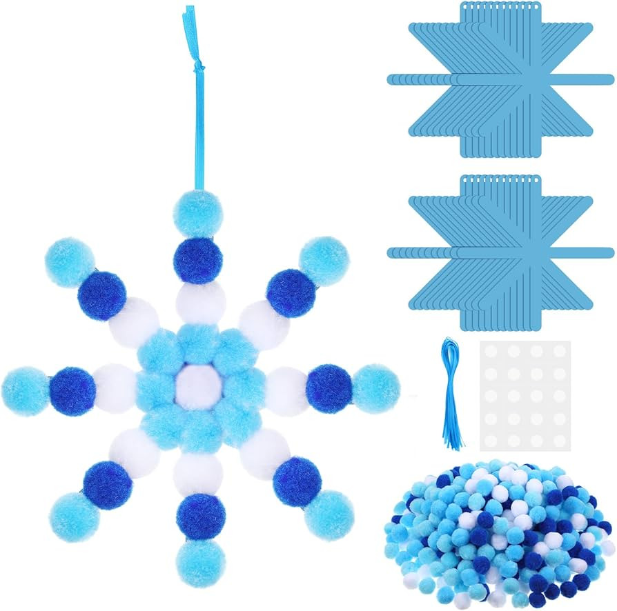 Realspring 24 Sets Christmas Snowflake Pom-poms Craft Kit Blue Winter DIY Frozen Pom Pom Ornament... | Amazon (US)