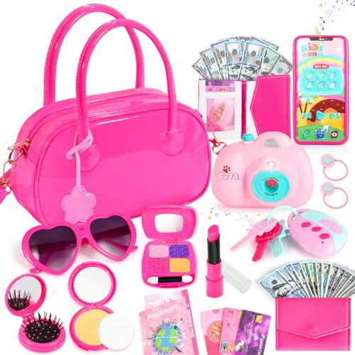 INNOCHEER Little Girls Purse, Toddler Purse Flower Girl Gift Girl Toys, Hot Pink Patent Leather Play Purse for Little Girls, Pretend Play Toy Kids Purse Gifts Toys for 3 4 5 6 7 8 Year Old Girls | Amazon (US)