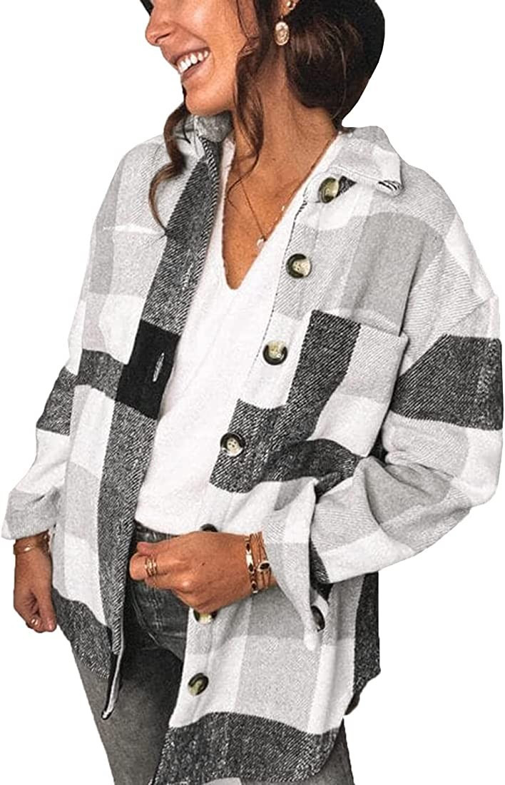 PRETTYGARDEN Women's 2022 Fall Clothes Plaid Shacket Jacket Long Sleeve Button Down Flannel Shirt... | Amazon (US)