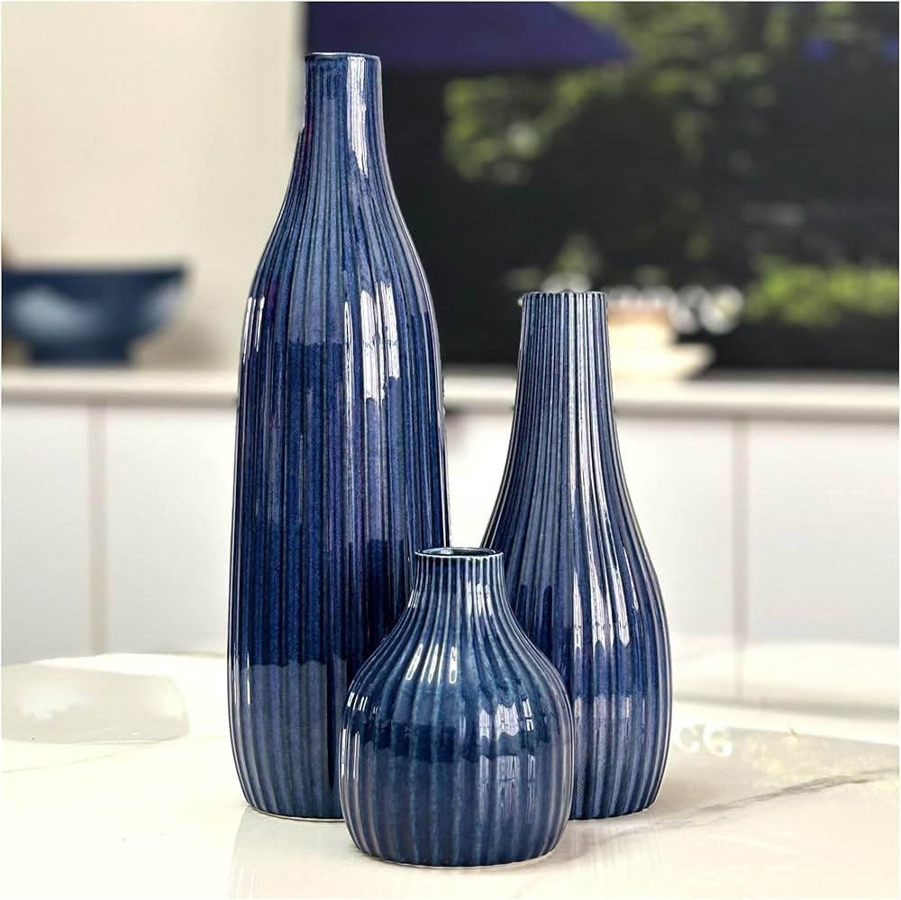Blue Bud Vase Set 3 - Navy Decorative Vases - Ceramics Nautical or Coastal Blue Decor, Table Deco... | Amazon (US)
